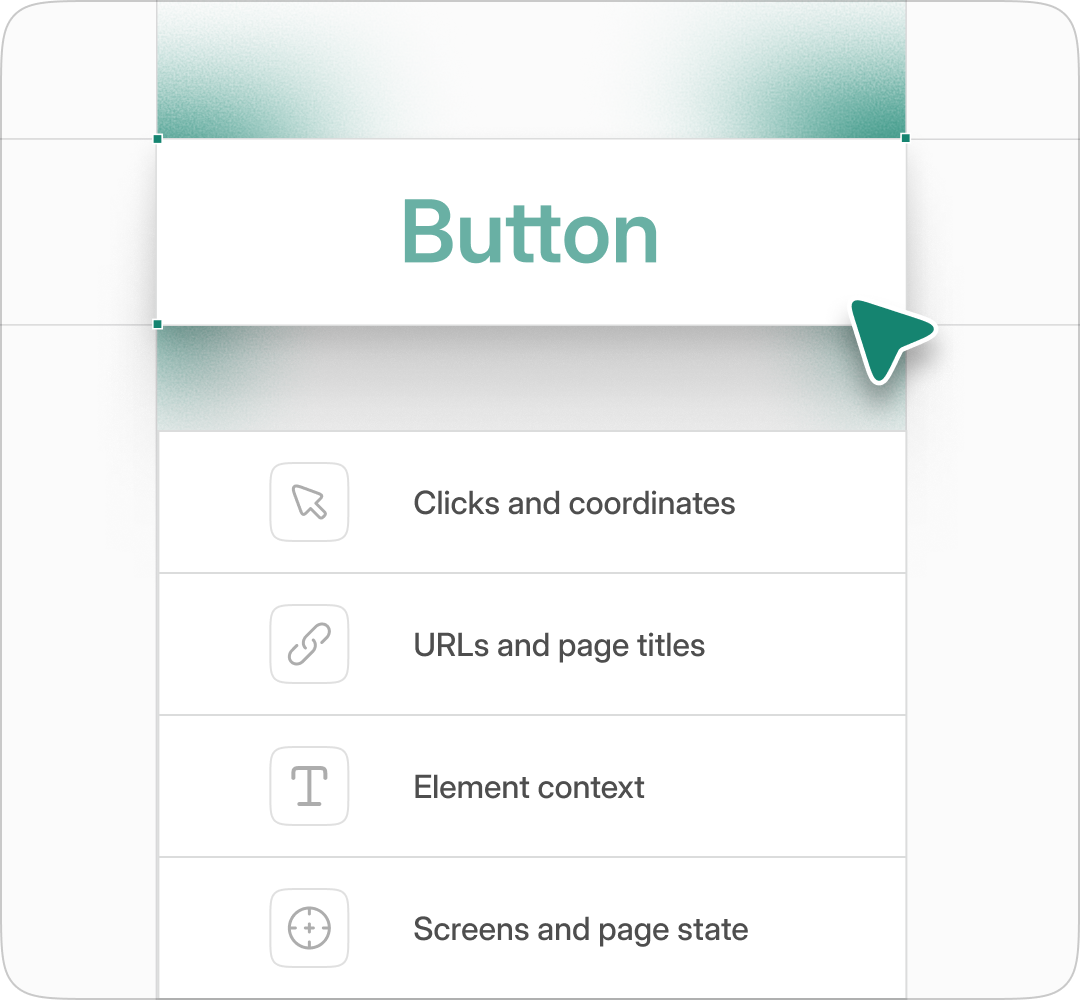 One accepted click with the captured context: clicks and coordinates, URLs and page titles, element context, and screens and page state