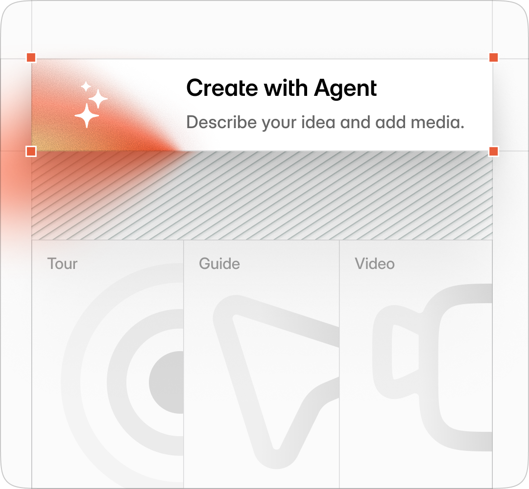 Create with Agent entry card above the tour, guide, and video output panels