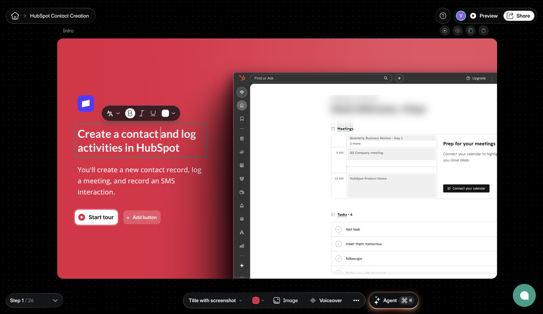 Layerpath tour editor open with step 1 of 26 visible