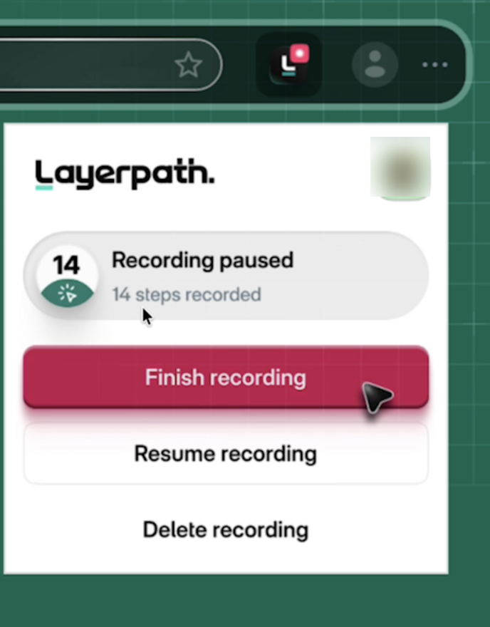 Layerpath Chrome extension showing a paused recording with 14 recorded steps and controls to finish, resume, or delete