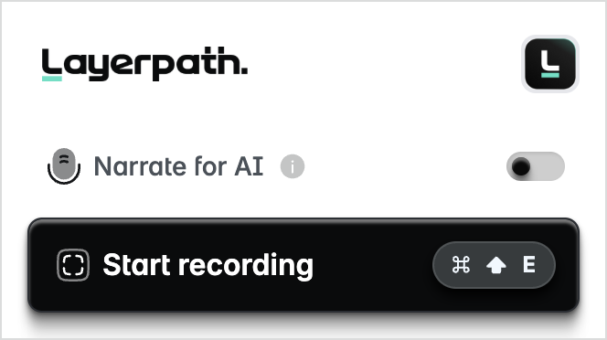 Layerpath Chrome extension showing the narration option and Start recording control